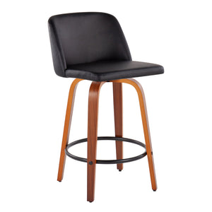 English Elm Toriano Mid-Century Counter Stool Set of 2 with Walnut Legs, Swivel Seat, Faux Leather Upholstery and Footrest Black B202S00438