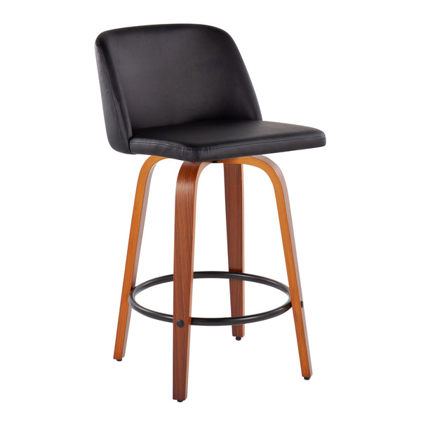 English Elm Toriano Mid-Century Counter Stool Set of 2 with Walnut Legs, Swivel Seat, Faux Leather Upholstery and Footrest Black B202S00438