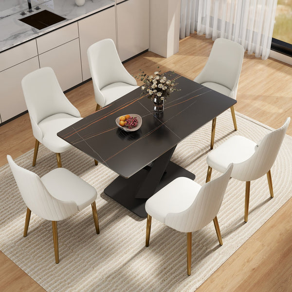 English Elm 55.12" Modern Artificial Stone Dining Table With Black Metal X-Leg Base - Seats 6, Easy Maintenance W1535S00538