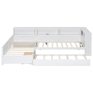 English Elm Wood Twin L-shaped Platform Bed Trundle Shelves Charging Station Kids Room White N7090001045K-1