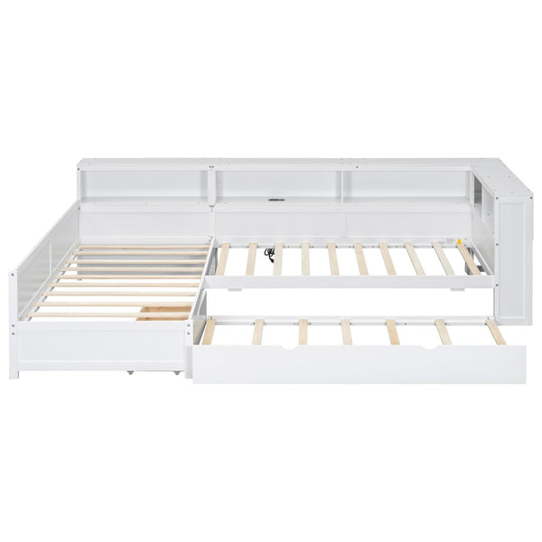 English Elm Wood Twin L-shaped Platform Bed Trundle Shelves Charging Station Kids Room White N7090001045K-1
