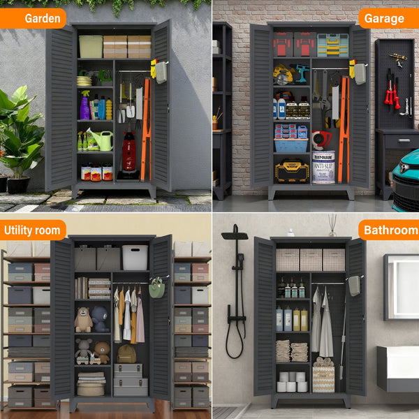 English Elm 73'' Premium Steel Tool Storage Cabinet Slate - Wall-Mountable 73" Vertical Organizer with Pegboard, Shelves, Rods W3387P351629