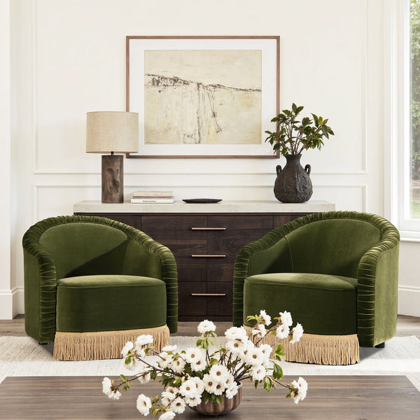 English Elm Jennifer Taylor Home - Serena Olive Green Performance Velvet Barrel Back Accent Chair with Ruched Texture & Bullion Fringe Elegance B2719P355285