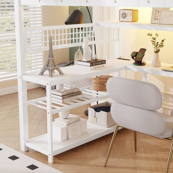 English Elm Full Size Steel Loft Bed with Staircase Storage Wardrobe Desk and Led Lighting White W2593S00078