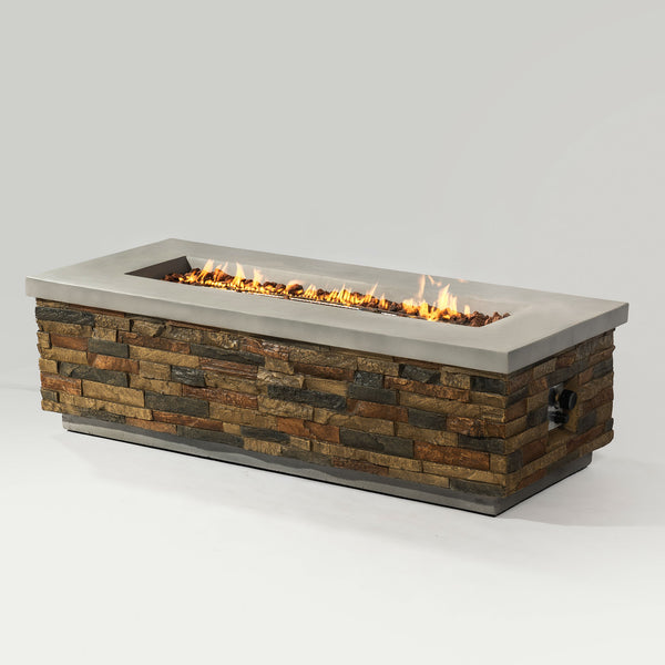 English Elm 60" 60000 BTU Concrete Rectangular Fire Pit Table for Patio Deck Garden with Lava Rocks, ETL Certified W853P232778