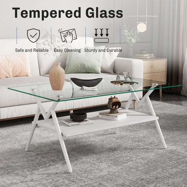 English Elm Rectangle Coffee Table With Clear Tempered Glass Top & White Metal Legs For Modern Living Rooms W241142561-GIGA