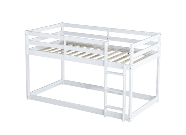 English Elm Solid Rubberwood Twin-Over-Twin Floor Bunk Bed With Ladder, Sturdy Slats & Stylish White Finish W504P191666-GIGA