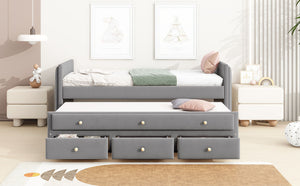 English Elm Twin Upholstered Daybed with Pull-Out Trundle and 3 Drawers, Velvet Finish, Solid Frame, Slat Kit Included Gray SF000147AAE