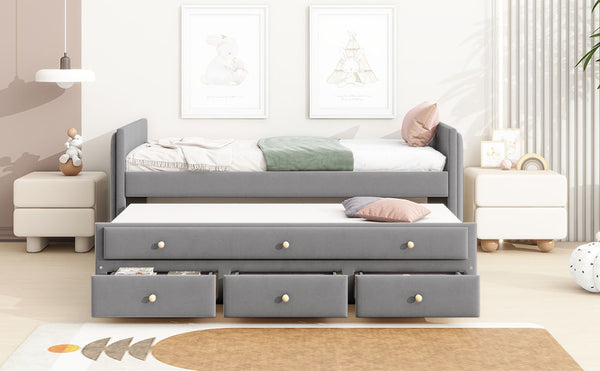 English Elm Twin Upholstered Daybed with Pull-Out Trundle and 3 Drawers, Velvet Finish, Solid Frame, Slat Kit Included Gray SF000147AAE