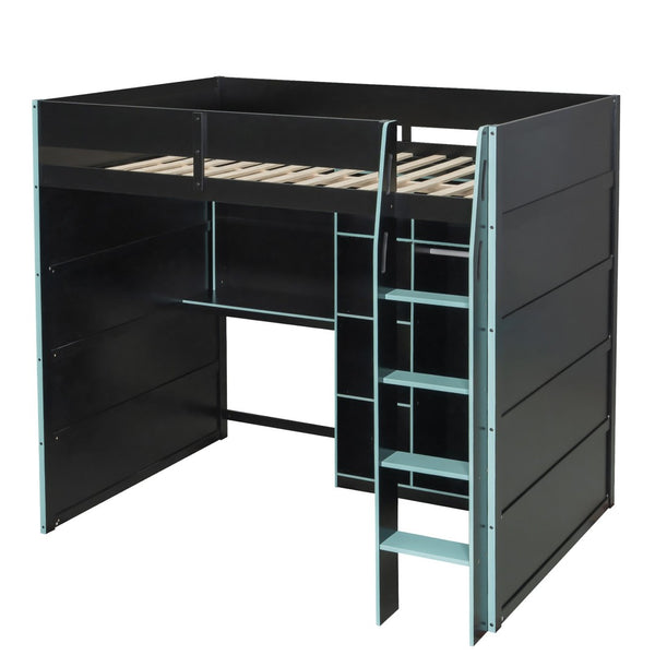 English Elm Full Size Loft Bed with Rgb Lighting Desk Open Wardrobe and Storage for Gaming Rooms Blue LT000277AAC