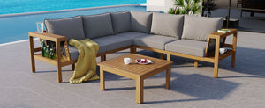 English Elm <old Old Sku Acacia Wood L-shaped Patio Sectional with Woven Rope Armrests Resort Cushioned Set Gray,Natural N704F201249E