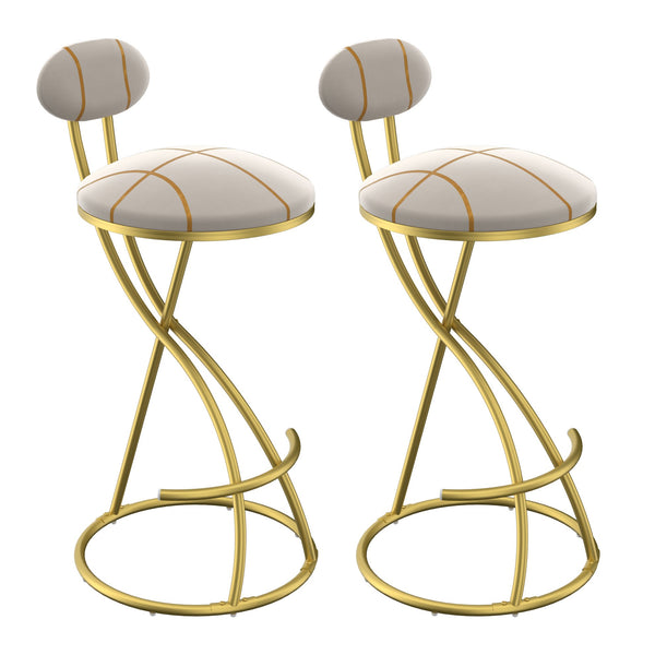 English Elm Round Velvet Counter Stools Set of 2 — Gold Stripe Upholstered Padded Seat with Footrest, 27.95" high W1757P345494