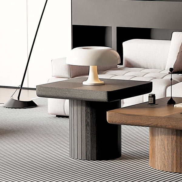 English Elm 23.6'' Square Wood Veneer Accent Table Parquet Top Sculptural Cylindrical Base Matte Finish W1435P419310