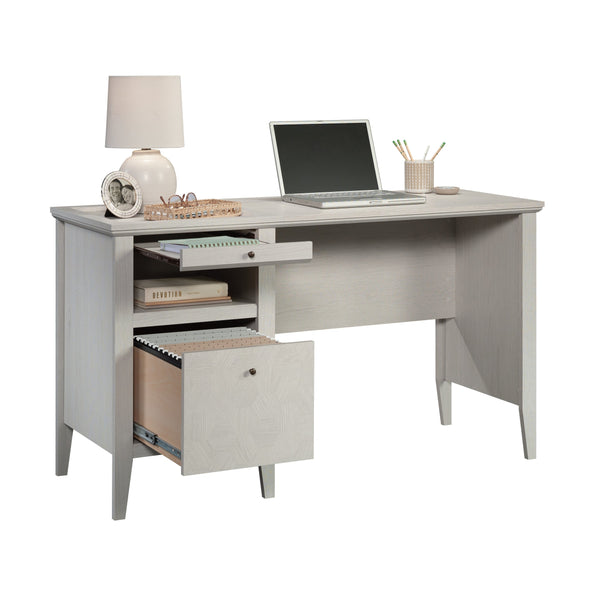 English Elm Desk, Light Grey Finish Large Desk with Full-Extension Drawer, Pull-Out Writing Surface & Cubby — Compact Durable Design for Home Office (59.13" L) B356P354415