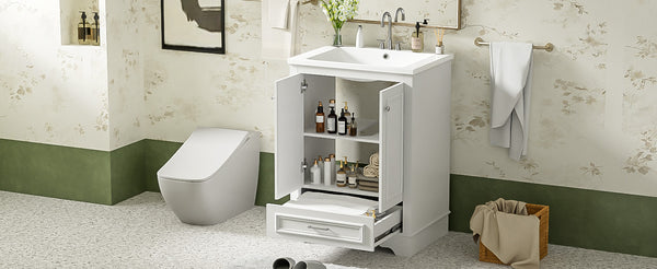 English Elm 24'' Bathroom Vanity with Ceramic Sink Combo Modern Freestanding MDF Cabinet with Soft-Close Doors and Sleek Silver Handles for Spacious Organized Bathroom Storage White N710P194893K