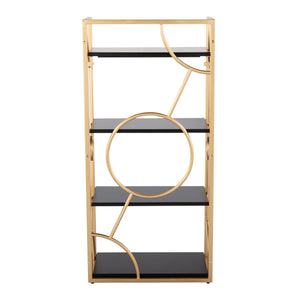 English Elm Constellation Geometric Bookcase with Gold Metal Frame and Wood Shelves for Modern Office Elegance Black B202P223883
