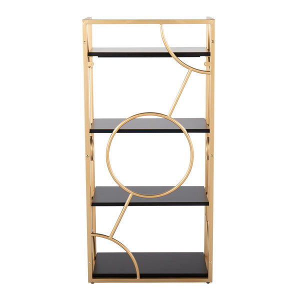 English Elm Constellation Geometric Bookcase with Gold Metal Frame and Wood Shelves for Modern Office Elegance Black B202P223883