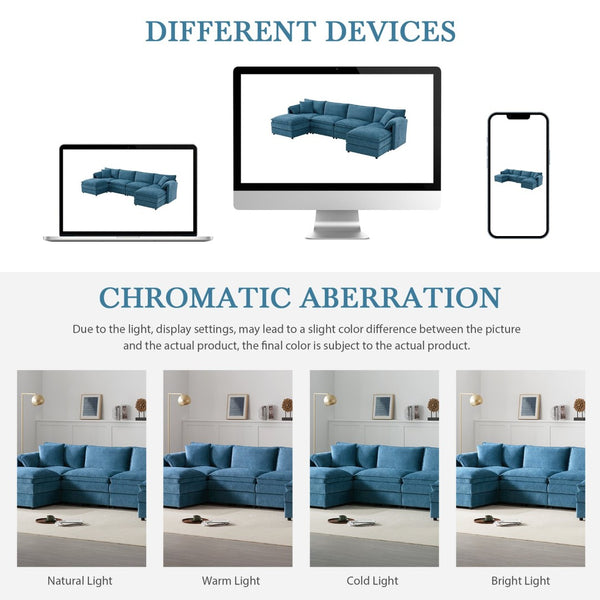 English Elm [new U-shaped Chenille Cloud Sectional 6 Seat Modular Sofa with Movable Ottoman Blue N723S6546C