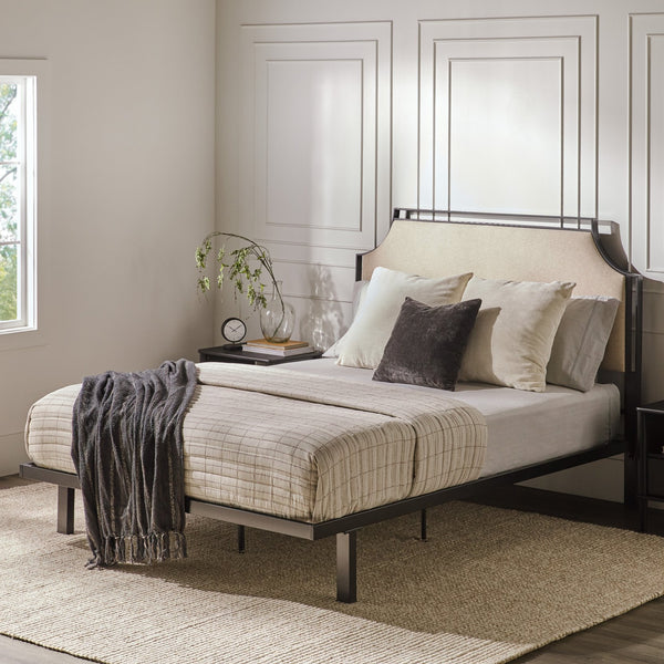 English Elm Walker Edison - Traditional Tan Upholstered Metal Queen Bedframe with Curved Corners, Removable Insert, Fire‑Resistant Fabric, Powder-Coated Steel B185P169172