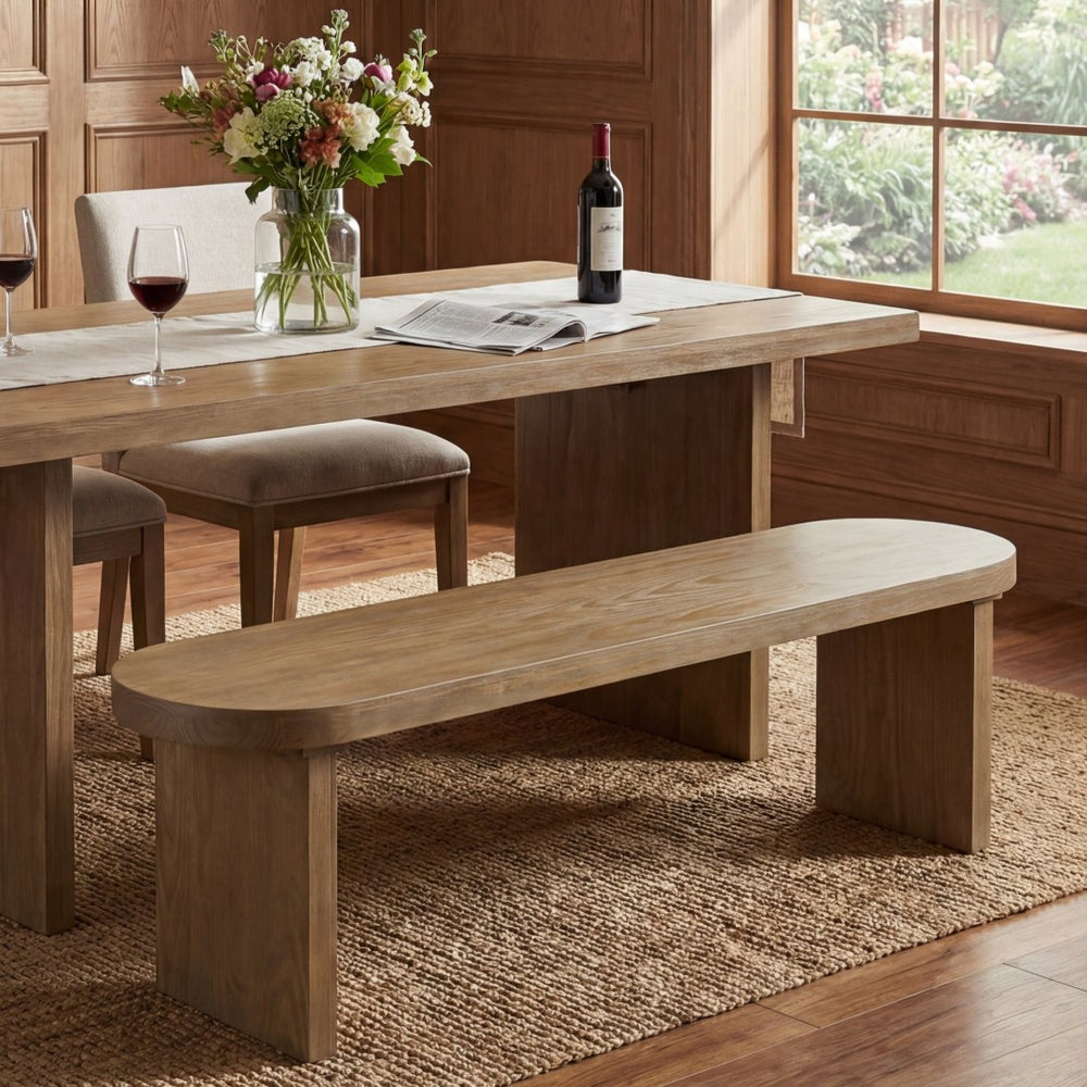 English Elm Indoor Solid Pine Dining Bench Seats Three Adults Farmhouse Style Kitchen Seating N779P329126N