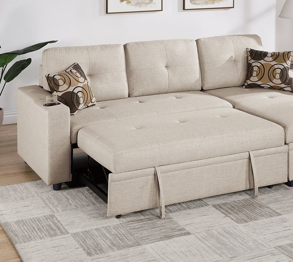 English Elm Beige Convertible Sectional Sofa with Pull-Out Bed, Reversible Storage Chaise & Dual Cupholders B011S01022
