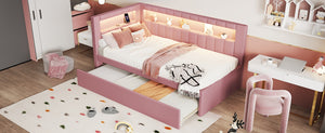 English Elm Upholstered Twin Platform Bed with Trundle, Linen Backrest, Built-In USB Ports & LED Accent Lighting Pink DL001919AAH
