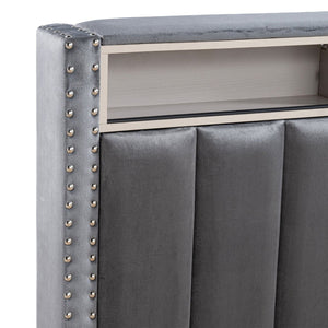 English Elm Beautiful Upholstered Full Bed with Led Lighting Storage Shelves and Channel Tufted Headboard Dark Gray B2741S00772
