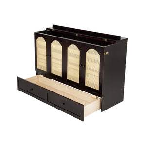 English Elm Queen Size Murphy Bed – Elegant Pine Wood Cabinet With Power Station & Rattan Accents, Espresso Finish W504S00235-GIGA