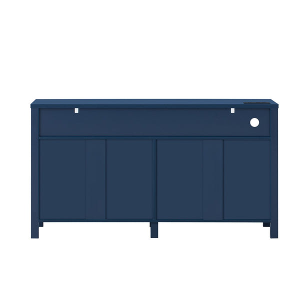 English Elm U_style 59 Inch Sideboard Buffet with Built in Power Outlets Open Cubbies Metal Accents Navy Blue N711P347407V