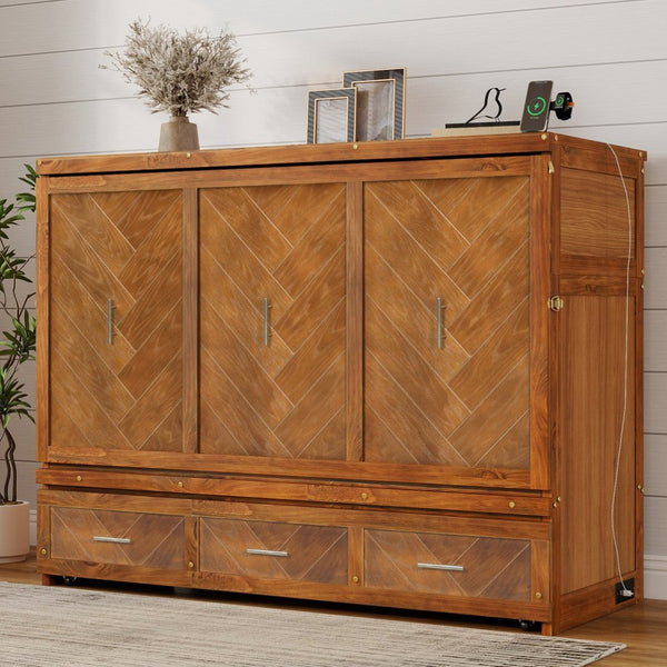 English Elm Queen Murphy Cabinet Bed Pine Wood Geometric Panels Usb Charging Guest Room Storage W504S00303