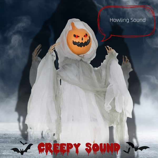 English Elm Homcom Hanging Pumpkin Ghost Halloween Prop with Glowing Eyes and Howling Sound Sensor W2225P229717