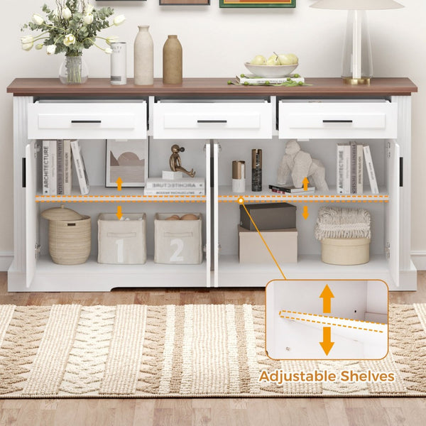 English Elm 63" Fluted Mdf Sideboard with Wood Tone Top Four Doors Three Drawers Dining Storage White W2917S00011