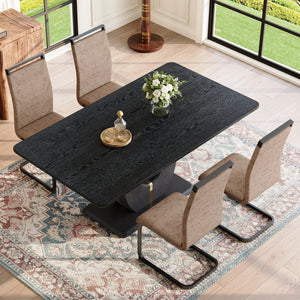 English Elm Black Wood Grain Mdf Dining Set Seats Four with Brown Fabric Upholstered Chairs W1151S04443