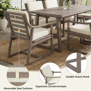 English Elm Outdoor Acacia Wood Dining Set Seats Six with Cushioned Armrest Chairs for Patio Beige+Brown N719Z000231D