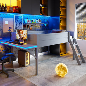 English Elm Wood Full Size Gaming Loft Bed with Desk, LED Lighting, Grey — Sturdy Pine Storage, 400lb Capacity, Space-Saving Design N709P236480E