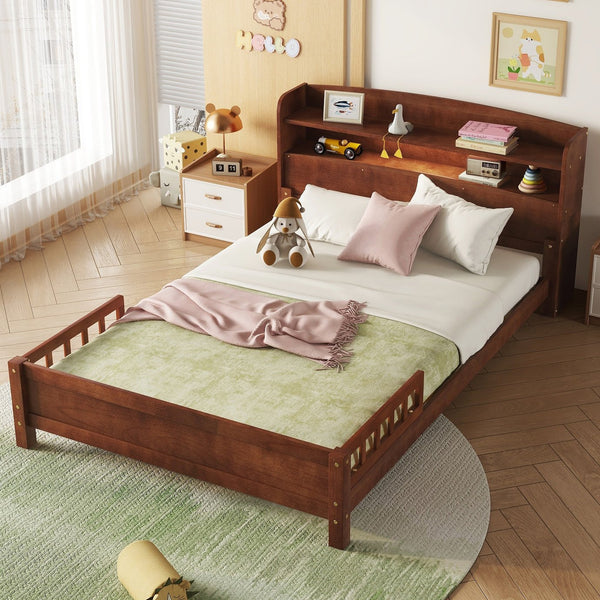 English Elm Full Pine Wood Bed with Bookcase Headboard, LED Motion Sensor, Guardrails & Ample Walnut Storage W504P281004