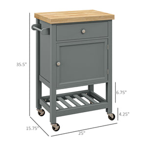 English Elm HOMCOM Rolling Kitchen Cart with Rubberwood Butcher Block Top, Drawer Cabinet Shelf & Towel Rack Gray W2225P217413