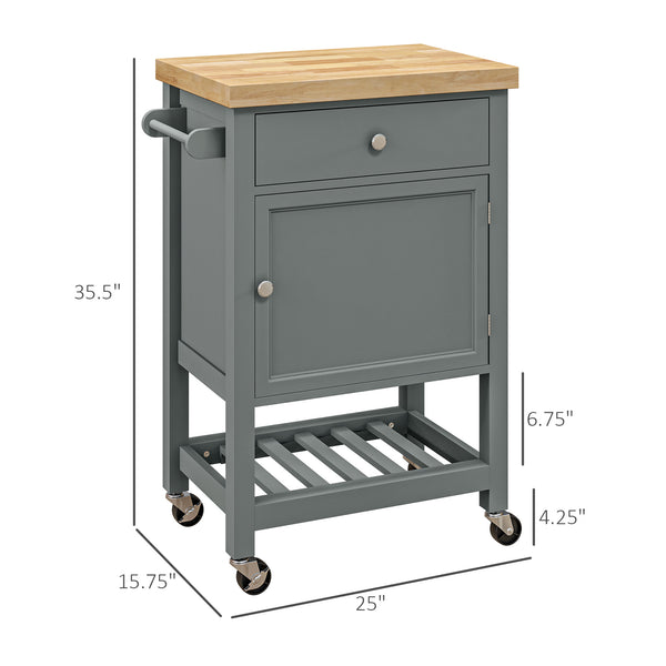 English Elm HOMCOM Rolling Kitchen Cart with Rubberwood Butcher Block Top, Drawer Cabinet Shelf & Towel Rack Gray W2225P217413