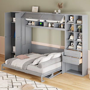 English Elm Queen Murphy Wall Bed Cabinet System with Wardrobe Drawers and Shelving in White Mdf LP000384AAE