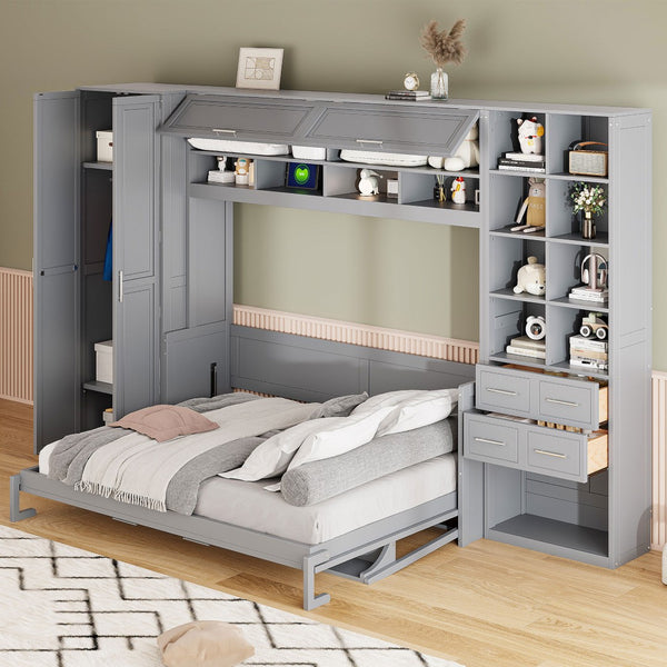 English Elm Queen Murphy Wall Bed Cabinet System with Wardrobe Drawers and Shelving in White Mdf LP000384AAE