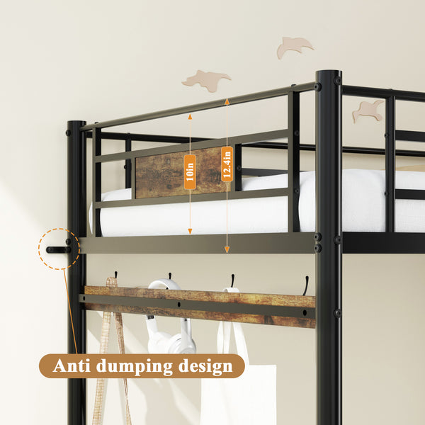 English Elm Twin loft bed with desk, storage & charging station — space-saving brown metal & wood design, safe and sturdy W636P333140