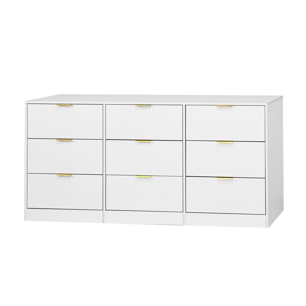 English Elm White 9 Drawer Dresser with Gold Handles — 63" Deep Wooden Chest, Spacious Storage for Bedroom & Living W409P307594