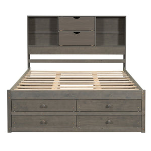 English Elm Queen Platform Bed with Built-In Headboard Storage and 8 Drawers, Solid Wood MDF, Sturdy Design Gray GX000453AAE