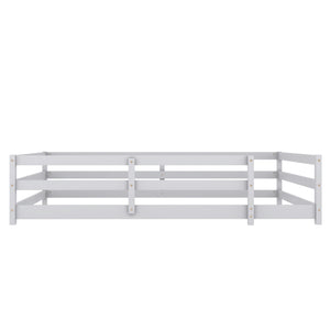 English Elm Full Montessori Floor Bed with Fence and Door, Natural Pine Slatted Full Size Bed, 300lb Capacity, Easy Assemble Grey W1820P369891