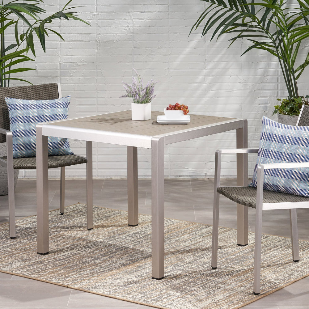 English Elm Christopher Knight Home® - Outdoor Square Patio Dining Table 37x35.5 Anodized Aluminum Frame with Slatted Faux Wood Top, Gray Modern Durable Design 64418.00