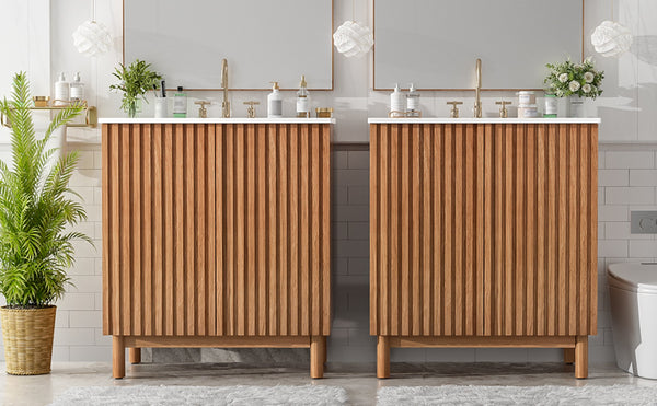 English Elm Modern 48 Inch Freestanding Bathroom Vanity Dual Ceramic Sinks Soft Close Gold Handles N729P000012O