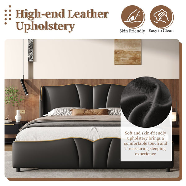 English Elm Christopher Knight Home® - Queen Plush Leather Upholstered Bed Frame with Wingback Headboard, Wavy Footboard, Quiet Support Black 85.2 L x 9.8 W x 3.25 H N761S0000016B