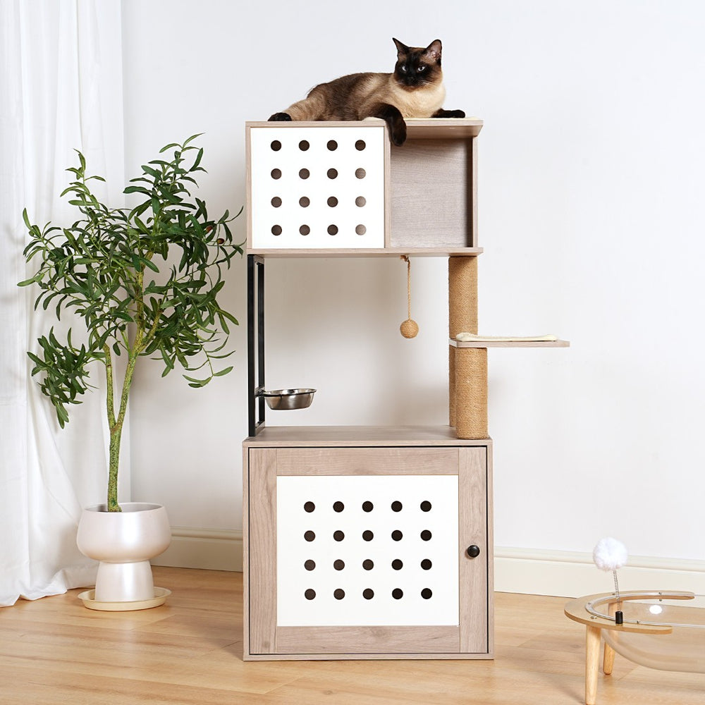English Elm Cat Tower with Hidden Litter Enclosure Hammock Bed Feeding Station Scratching Posts W1687P304379