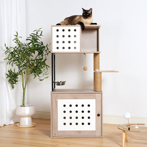 English Elm Cat Tower with Hidden Litter Enclosure Hammock Bed Feeding Station Scratching Posts W1687P304379