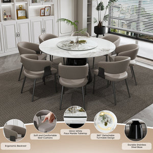 English Elm 59" Round 9-Piece Dining Set - Elegant Faux Marble Table With Rotating Tray & 8 Luxe Pu Leather Chairs W2700S00037